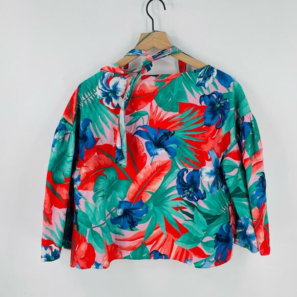 Zara Wrap Poplin Top Floral Print Blue Green Red Cropped 3/4 Sleeve Sz L - Picture 2 of 9